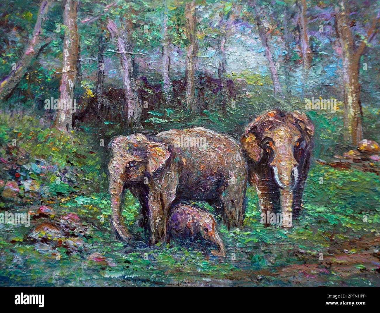 Peinture d'art couleur de l'huile famille des éléphants Banque D'Images