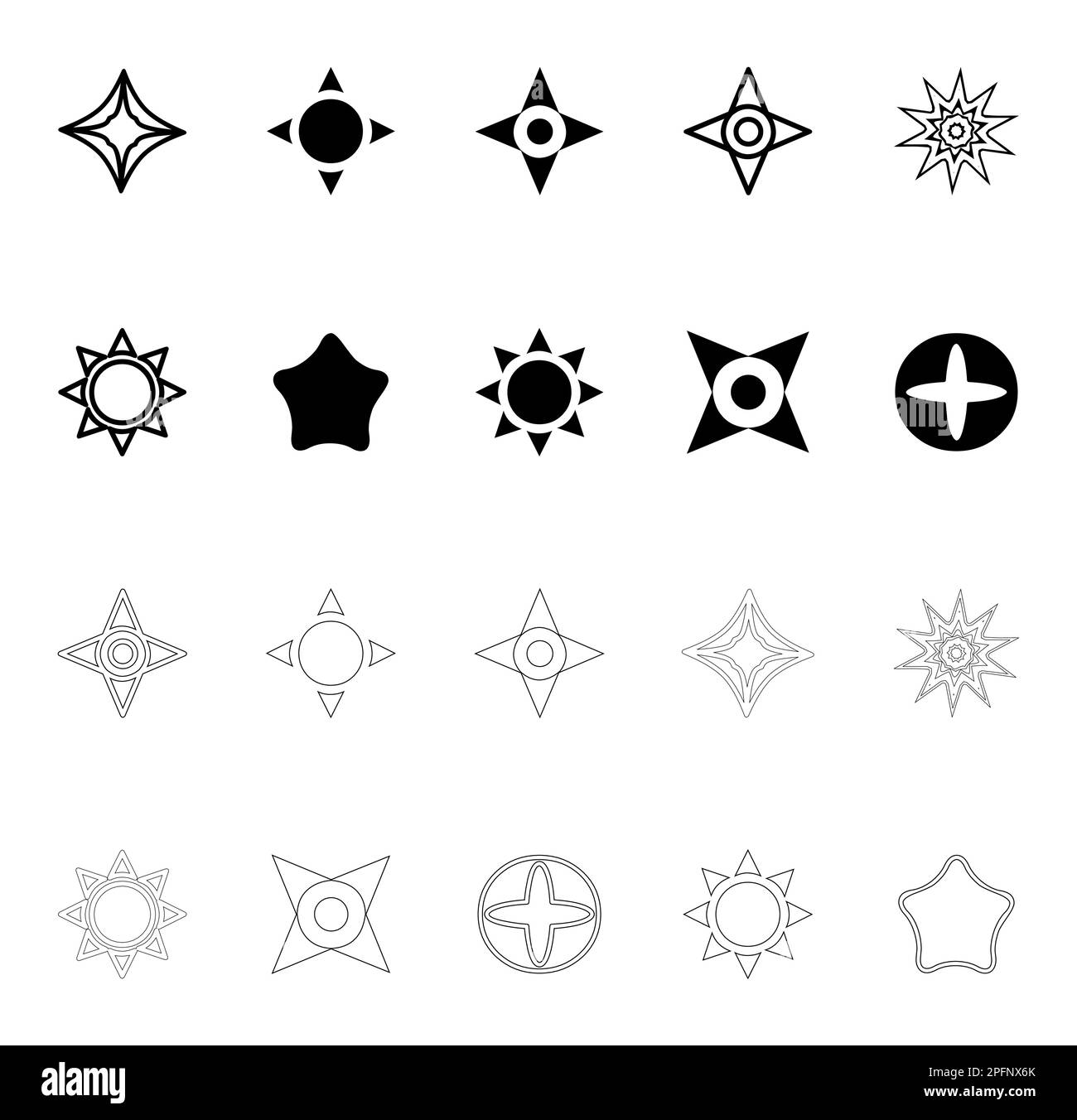Jeu d'icônes étoile noir et blanc. Collection d'éléments de conception artistique Star Boho Illustration de Vecteur
