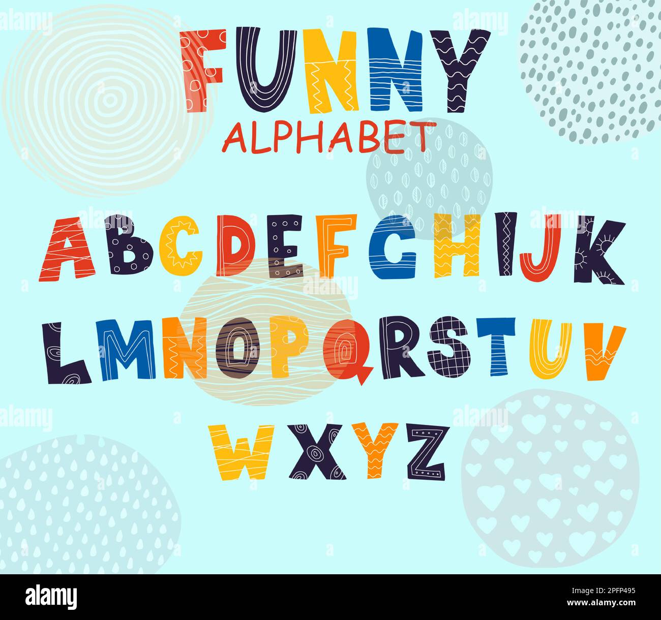 Police alphabétique des enfants. Police de caractères de dessin animé pour enfants. Lettres childish en majuscules en anglais. Symboles décoratifs à motifs avec ornements décoratifs. Vecteur drôle coloré icônes alphabétiques ensemble Illustration de Vecteur