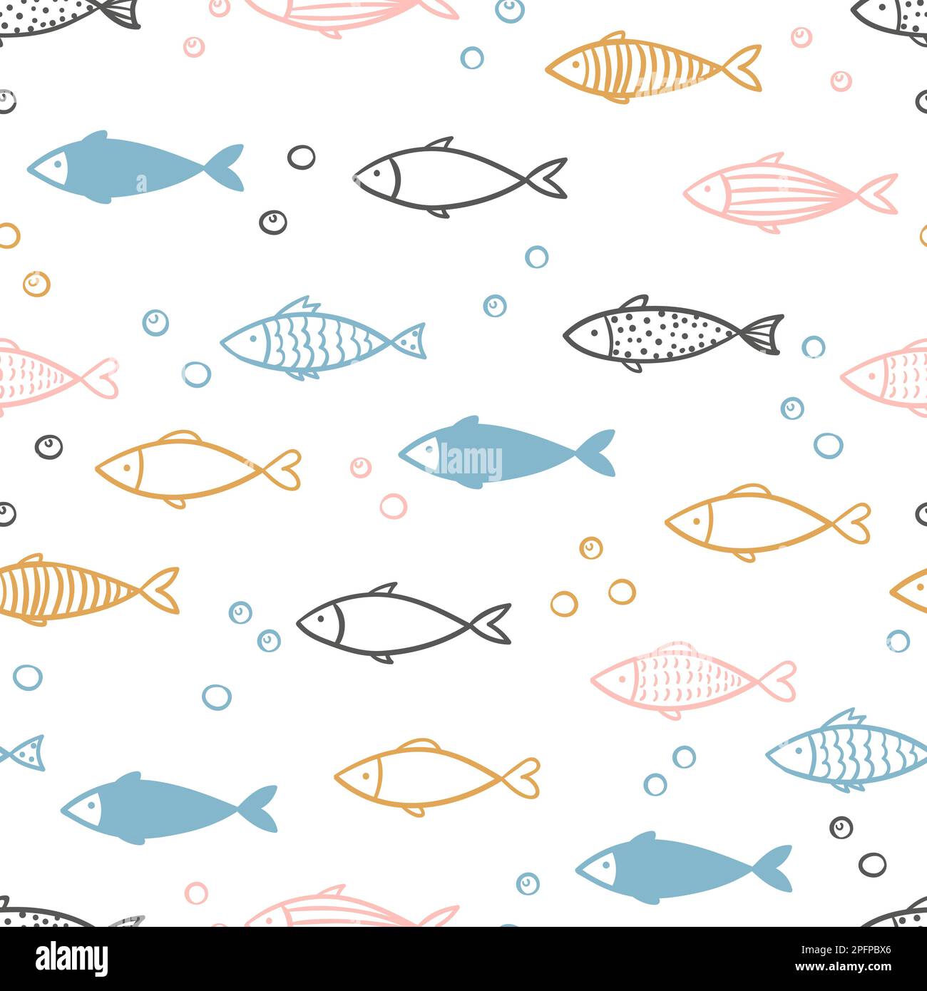 Motif de poisson vectorisé à la main sans couture. Illustration de Vecteur