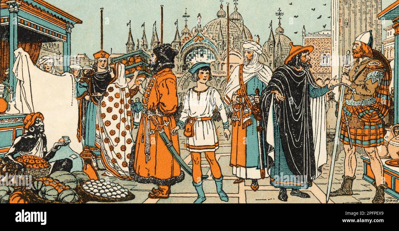 Le jeune Marco Polo (C1254-1324) regardant les marchands à St. Mark's Square, Venise, Italie. Par Donn Philip Crane (1878-1944). Marco Polo (1254-1324) était un marchand, explorateur et écrivain italien qui a voyagé à travers l'Asie le long de la route de la soie entre 1271 et 1295. Ses voyages sont enregistrés dans les voyages de Marco Polo (également connus sous le nom de Travels de Marco Polo, Livre des merveilles du monde et il Milione). Banque D'Images