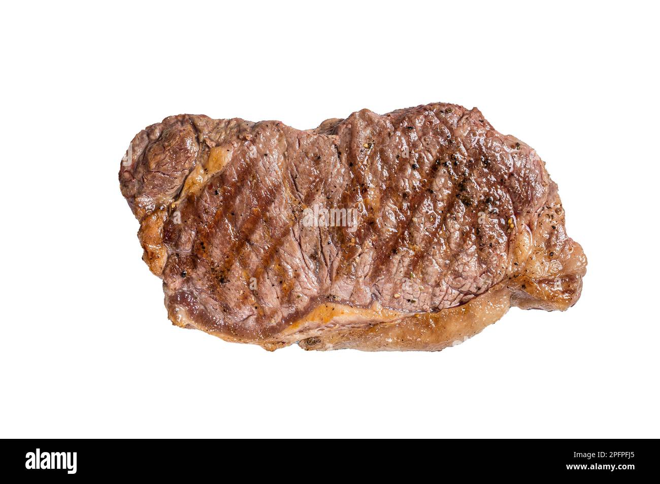 Steak de viande de bœuf grillé au striploin de New York. Isolé sur fond blanc. Banque D'Images