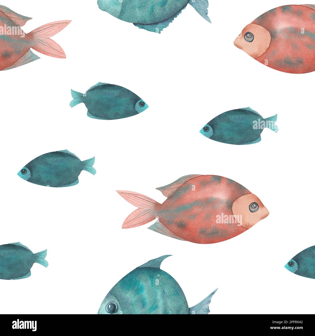 Motif poisson aquarelle dessiné à la main sans couture. Un ensemble de poissons bleus et rouges décoratifs Banque D'Images