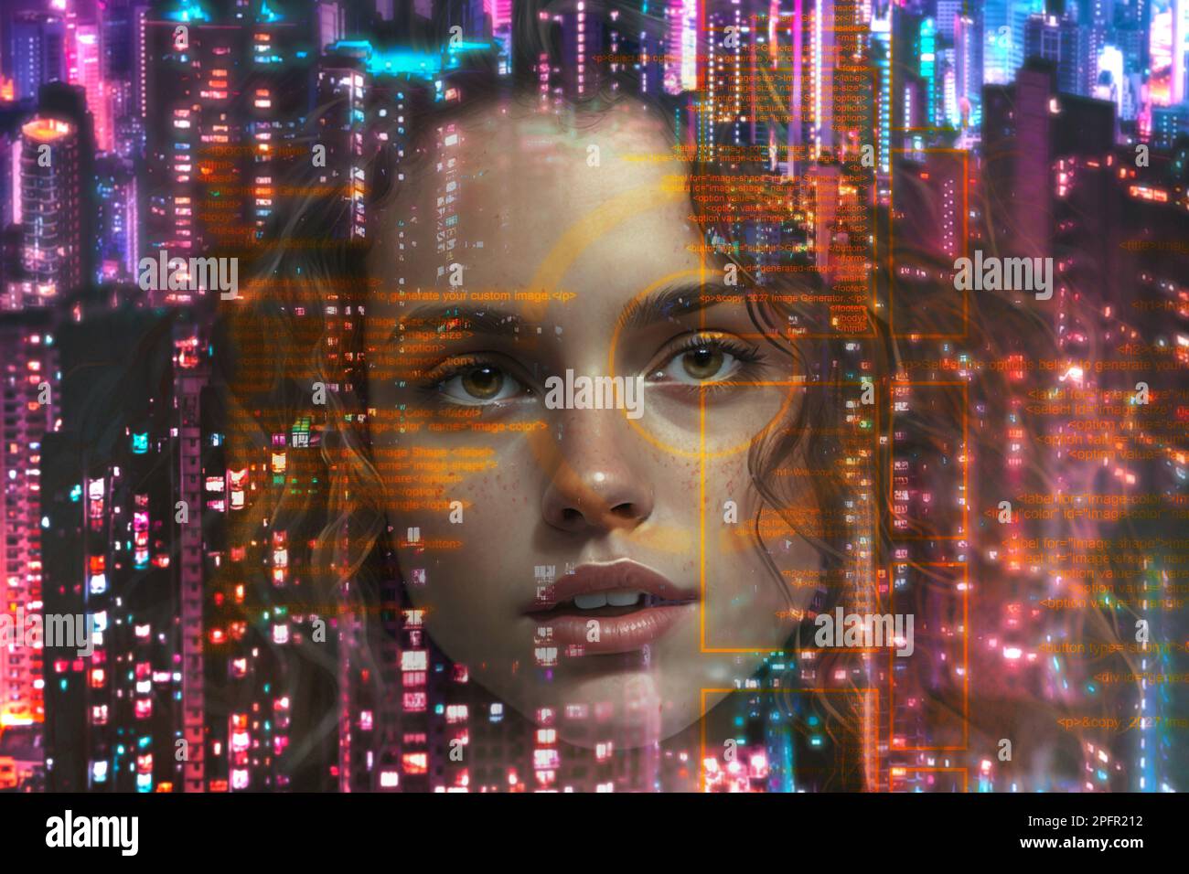 Portrait d'une femme regardant le code sur écran virtuel, ai image générée Banque D'Images