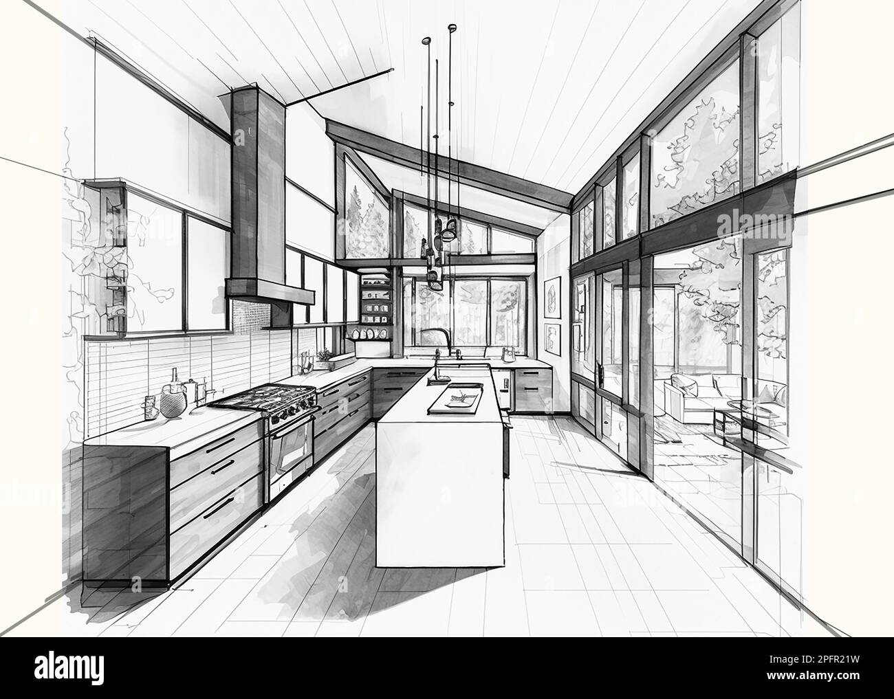 Esquisse architecturale d'une cuisine moderne moderne, dessin noir et blanc Banque D'Images