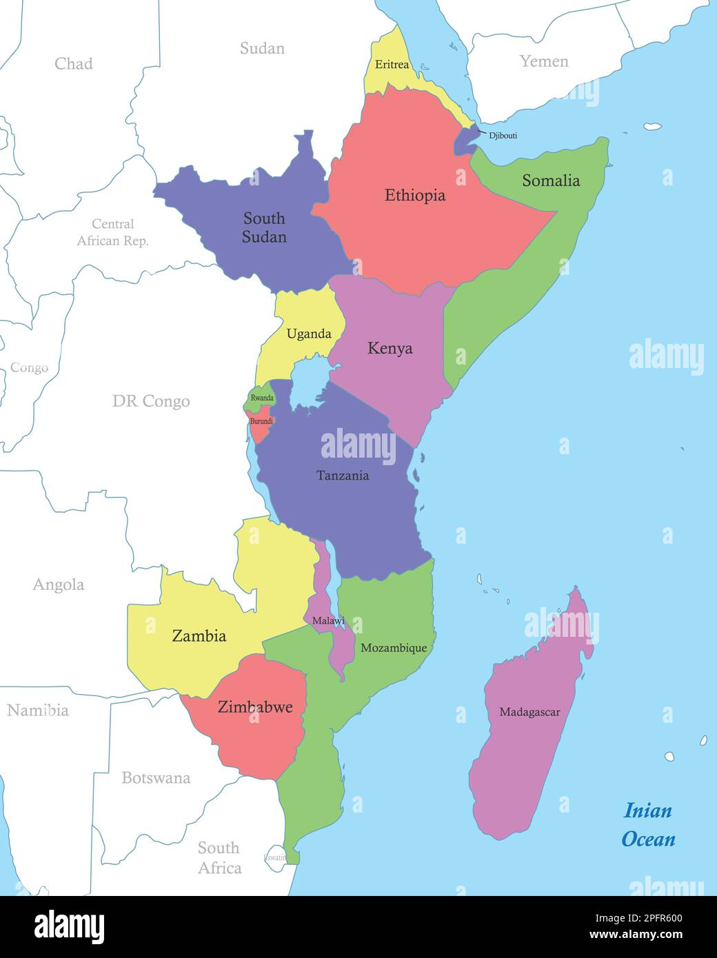 Carte couleur politique de l'Afrique de l'est avec les frontières des États. Illustration de Vecteur
