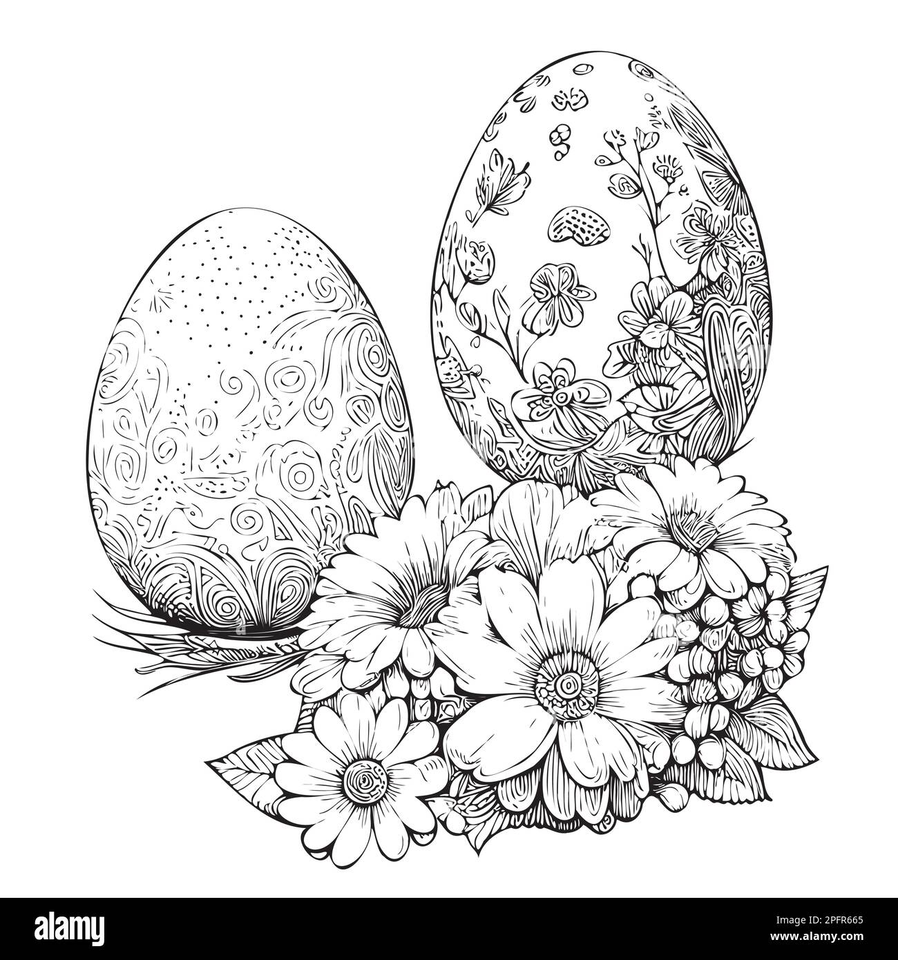 Œufs en fleurs dessin main dessiné dans le style Doodle illustration Pâques Illustration de Vecteur