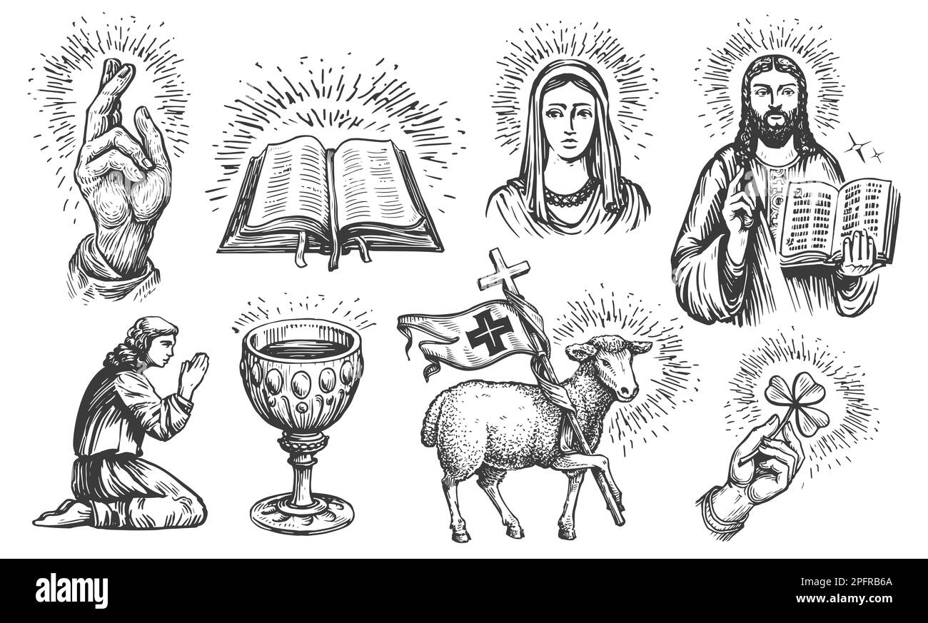 Concept de foi en Dieu dans le style d'esquisse. Ensemble d'illustrations religieuses de style gravure vintage Banque D'Images