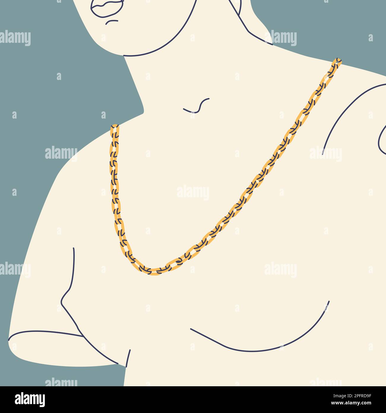 Fragment d'une ancienne statue grecque d'une femme avec une chaîne dorée autour de son cou. Sculpture ancienne avec éléments modernes. Illustration tendance Vector Illustration de Vecteur