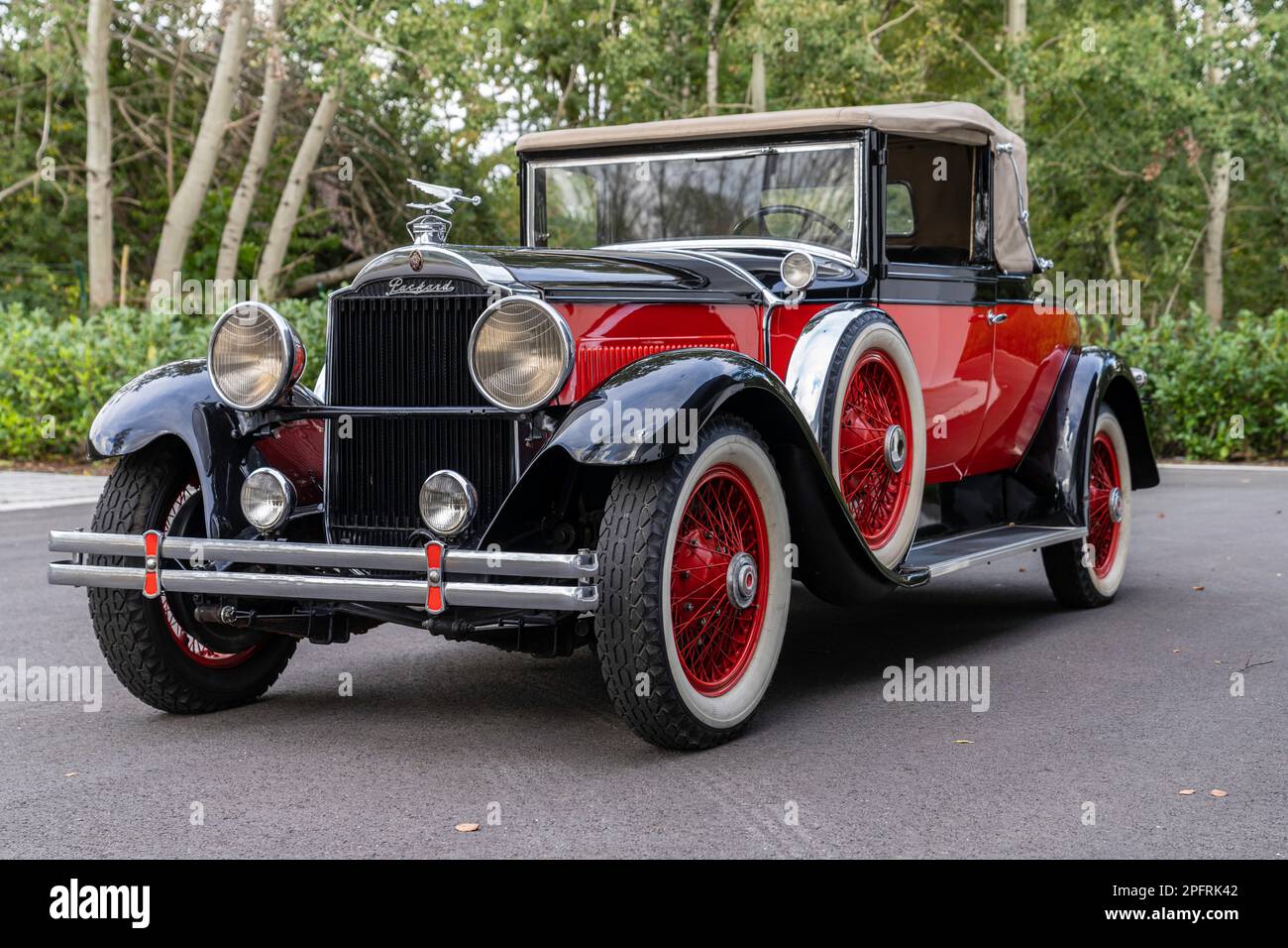 Une voiture Packard de luxe brillante, bicolore, rouge et noire, garée le long d'une rangée d'arbres verts luxuriants Banque D'Images