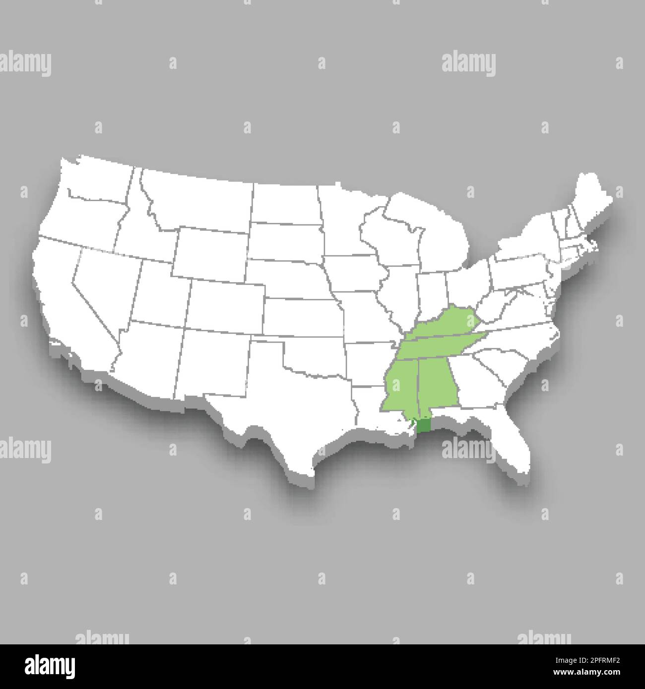 Région est-Sud-Centre à l'intérieur des États-Unis carte isométrique 3D Illustration de Vecteur