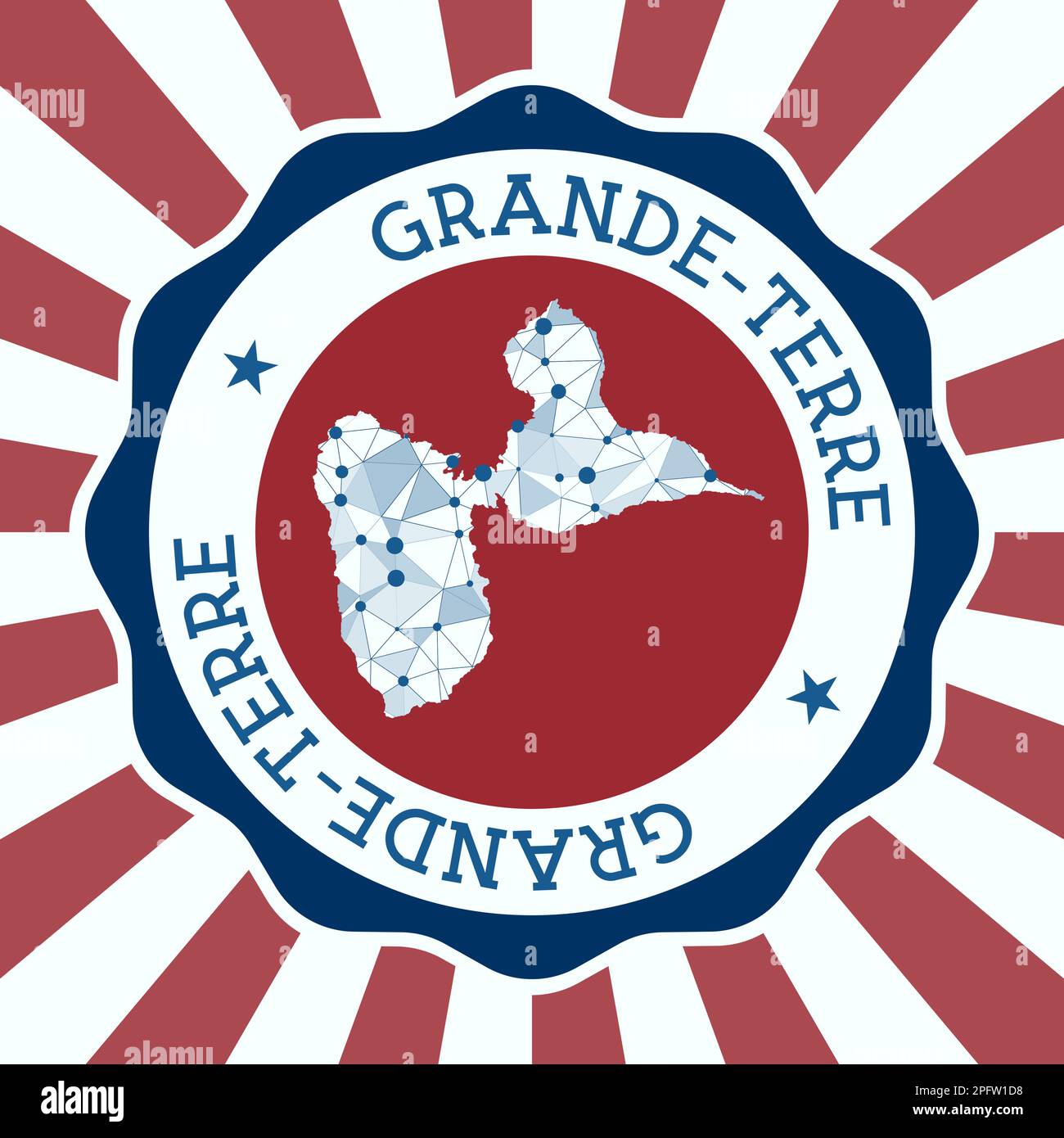 Badge Grande-Terre. Logo rond de l'île avec carte de maillage triangulaire et rayons radiaux. EPS10 vecteur. Illustration de Vecteur