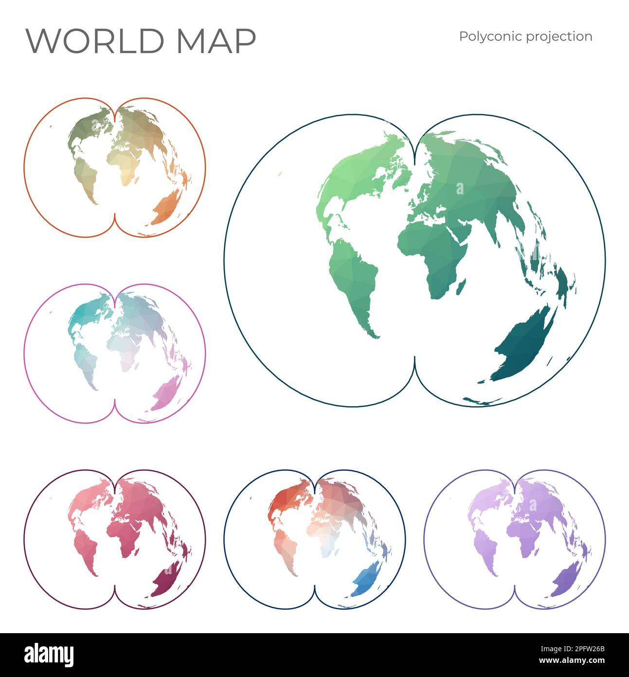 Jeu de cartes à faible Poly World. Projection polyconique américaine. Collection de cartes du monde en style géométrique. Illustration vectorielle. Illustration de Vecteur