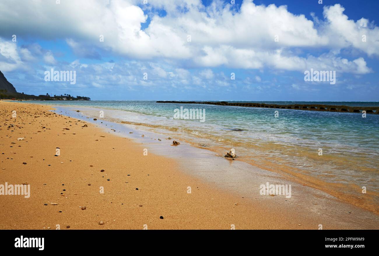 Galets sur une plage de sable à marée basse Banque D'Images