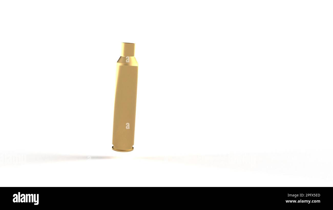 Un boîtier de cartouche vide tombe sur le rendu blanc Super Slow Motion 1000 FPS 3D Banque D'Images