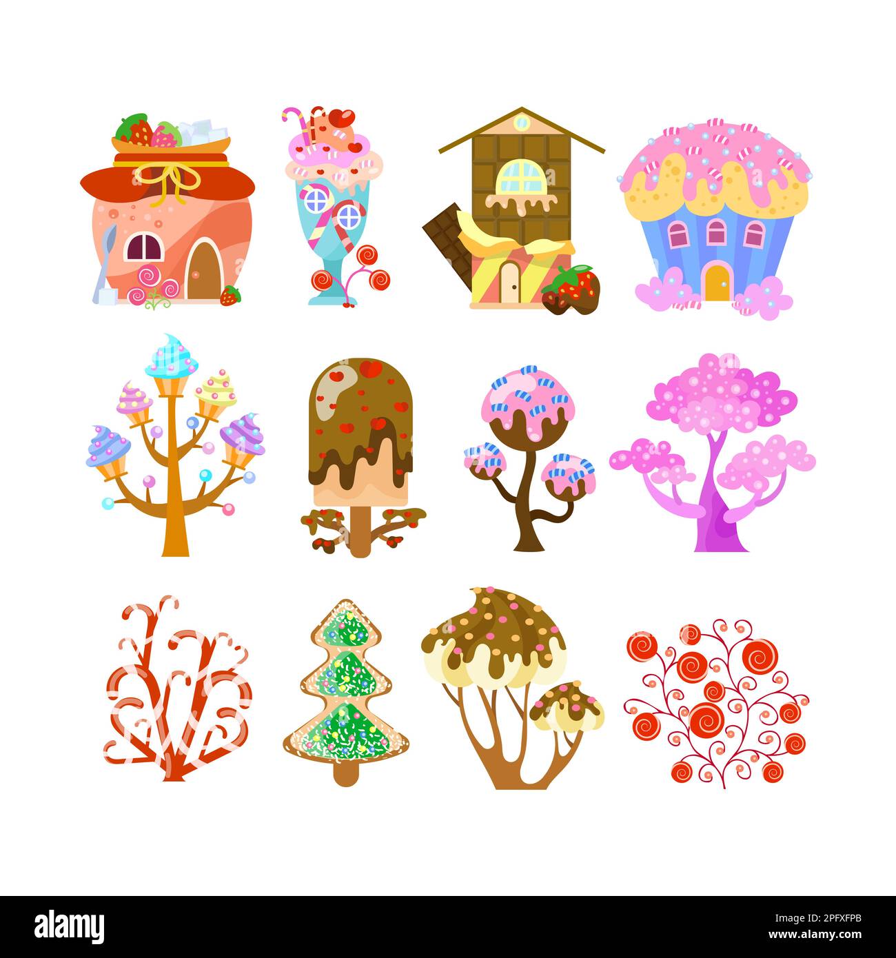 Ensemble d'illustrations représentant des maisons en chocolat et des arbres au caramel Illustration de Vecteur