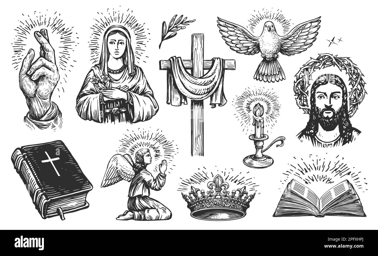 Sainte Bible, ange de prière, bougie brûlante, Ecriture, Jésus Christ, Colombe, Croix. Concept de foi en Dieu dans le style d'esquisse Banque D'Images