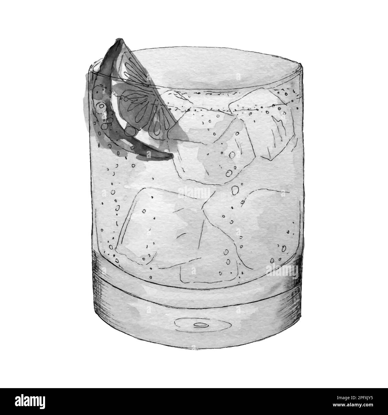 Gin et tonique cocktail, boisson, aquarelle main dessin monochrome stylisé. Illustration vectorielle Illustration de Vecteur