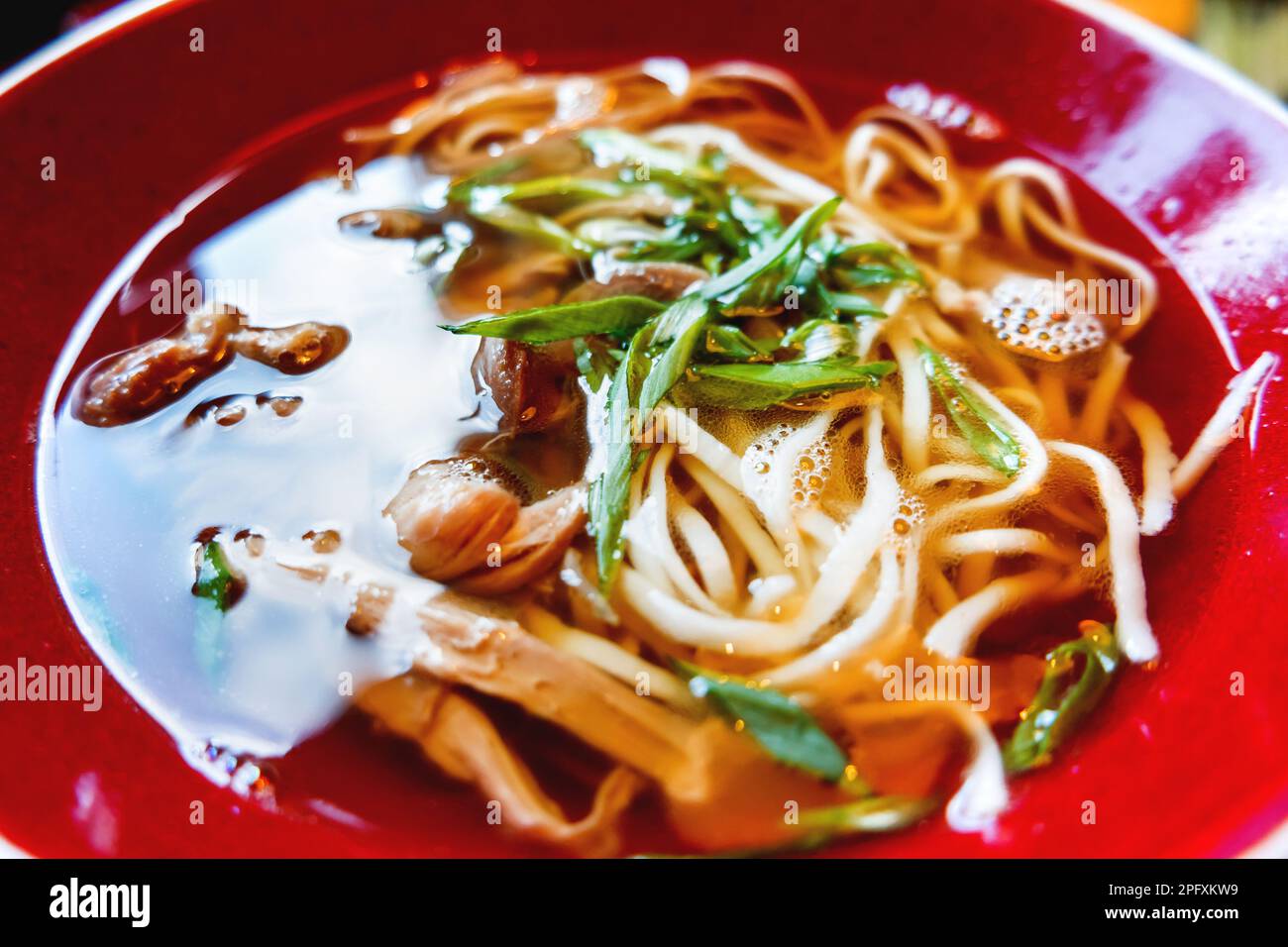 Cuisine asiatique - soupe à la viande de canard, nouilles aux œufs et oignons dans un bol rouge. Gros plan. Banque D'Images