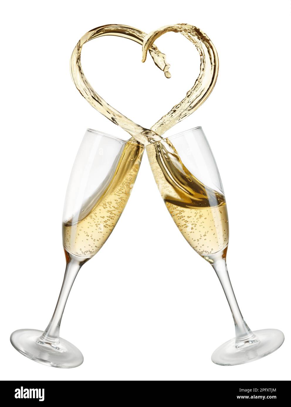 verres de champagne avec coeur en forme de splash isolé sur blanc Banque D'Images