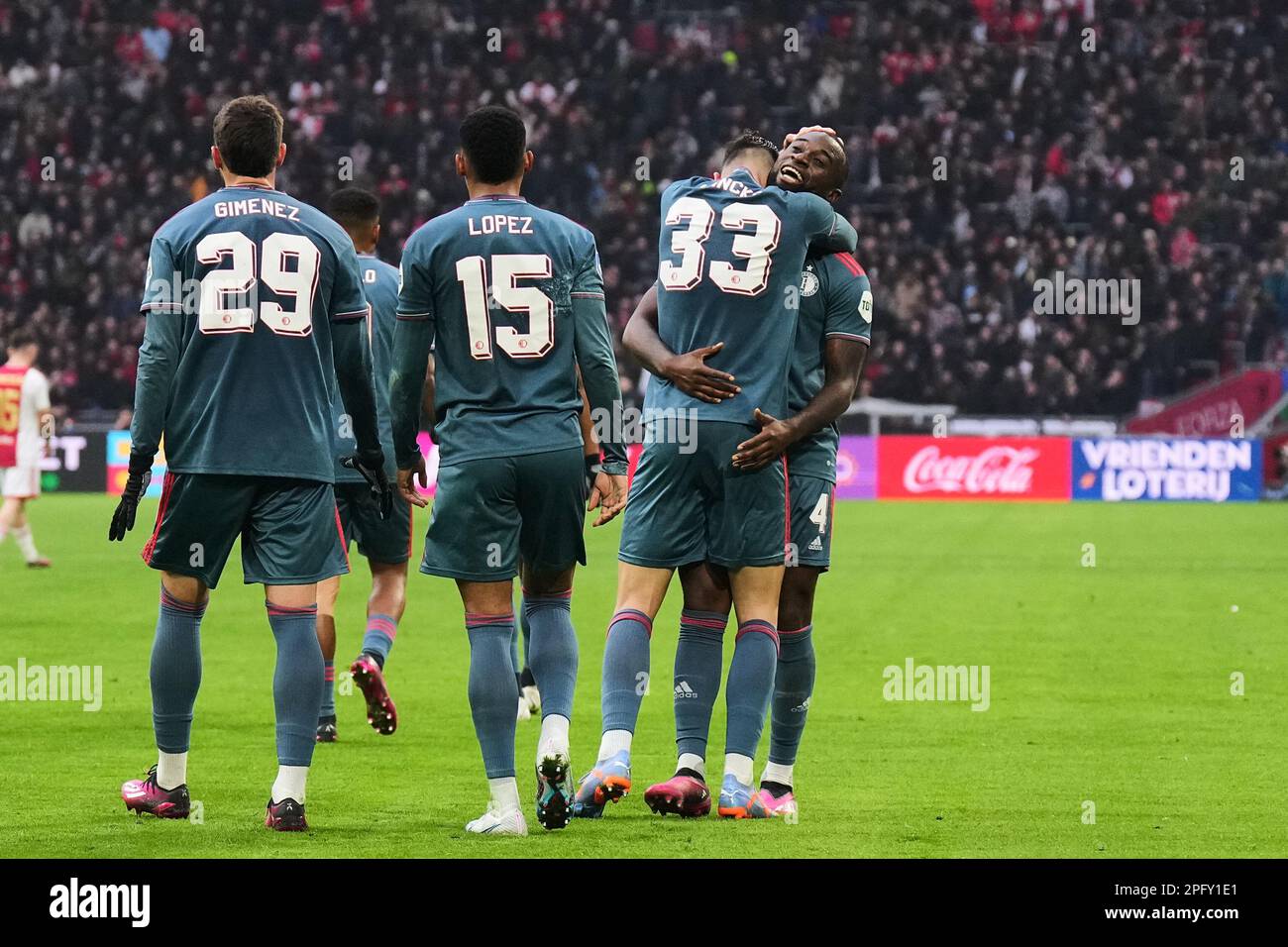 Amsterdam, pays-Bas. 19th mars 2023. Amsterdam - Santiago Gimenez de Feyenoord, Marcos Lopez de Feyenoord, David Hancko de Feyenoord, Lutspartal Geertruida de Feyenoord lors du match entre Ajax et Feyenoord au Johan Cruyff Arena le 19 mars 2023 à Amsterdam, pays-Bas. Crédit : photos Box to Box/Alamy Live News Banque D'Images