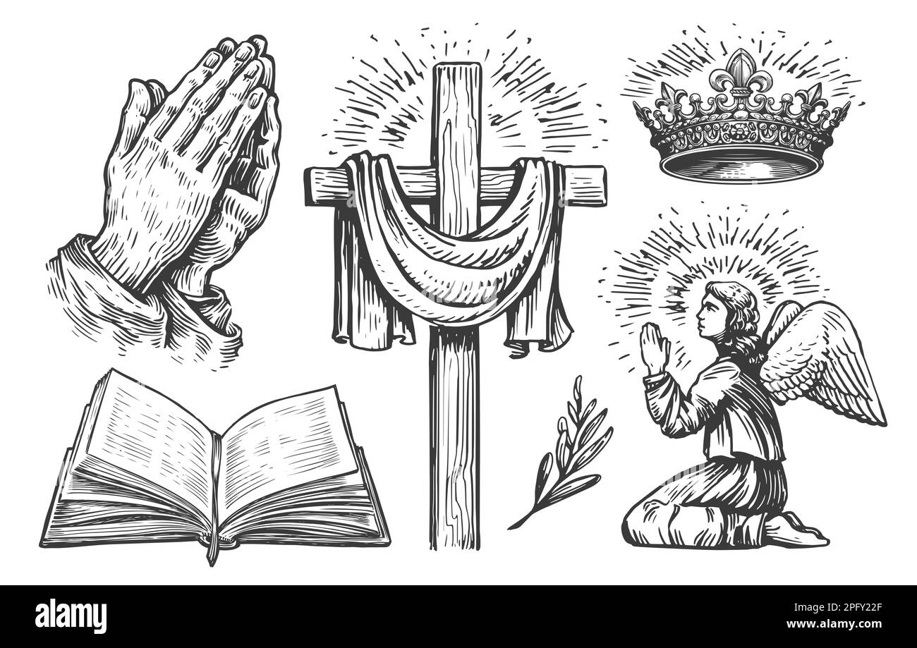 Croix chrétienne, ange de prière, Bible sainte ouverte, mains dans la prière, Couronne du roi de Dieu. Esquisse de l'ensemble de religions Banque D'Images