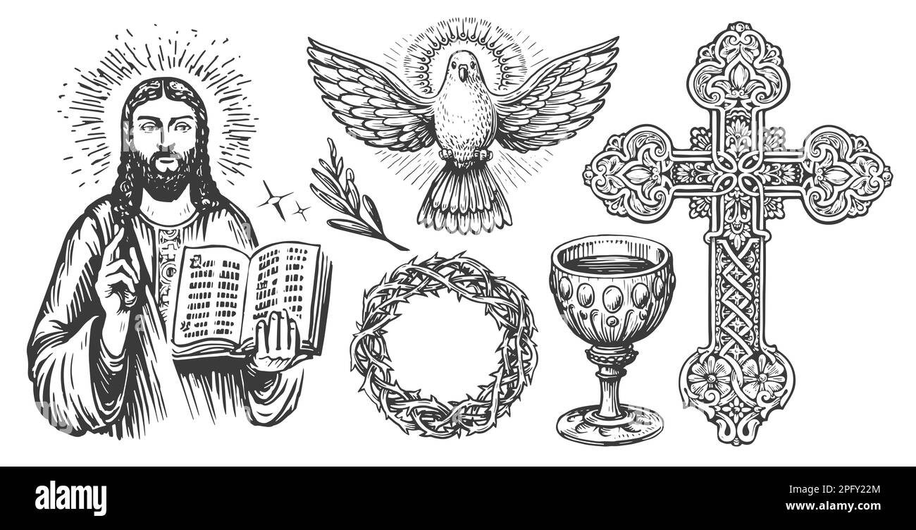 Concept de foi en Dieu, esquisse. Culte, église, symboles religieux en style gravure vintage. Jeu d'illustrations Banque D'Images