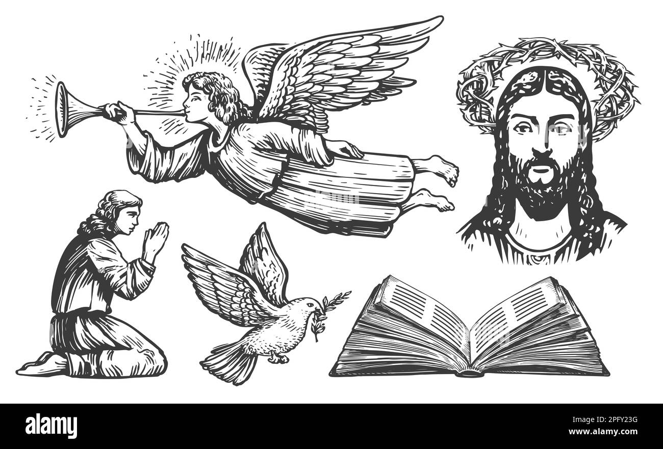 Foi en Dieu, concept de motifs bibliques, esquisse. Collection d'illustrations religieuses dans un style de gravure vintage Banque D'Images