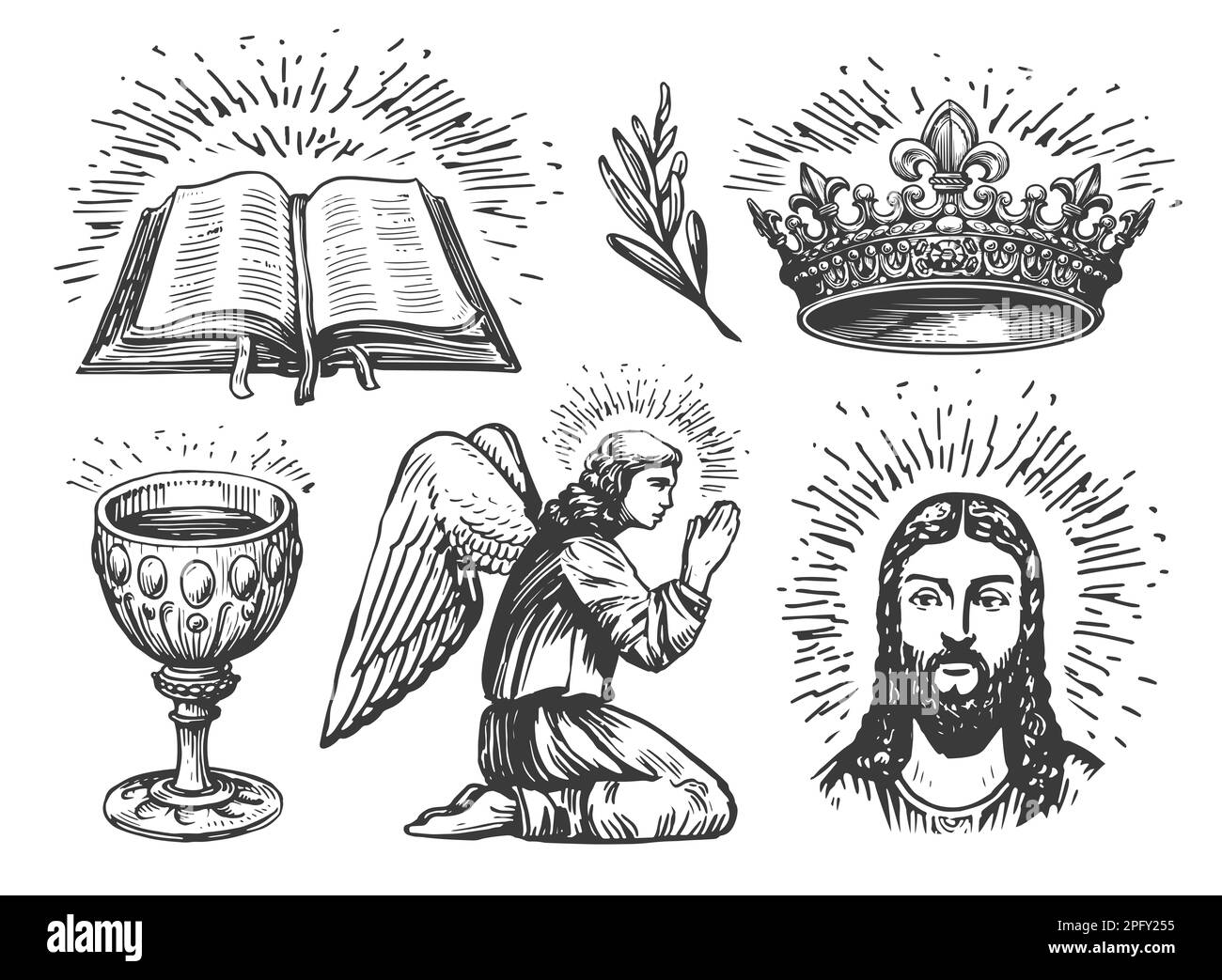Ange de prière, Jésus Christ, Saint Graal, Livre biblique ouvert, Couronne, Branche d'olivier. Ensemble d'illustrations religieuses Banque D'Images