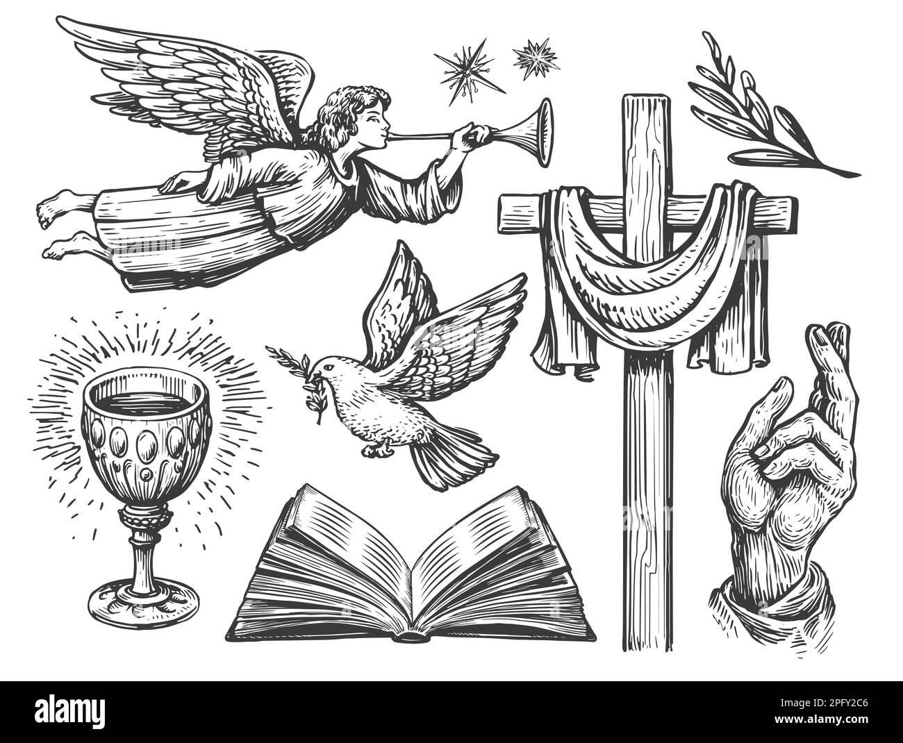 Collection d'illustrations religieuses dessinées à la main dans un style de gravure vintage. Foi en Dieu, esquisse de concept Banque D'Images