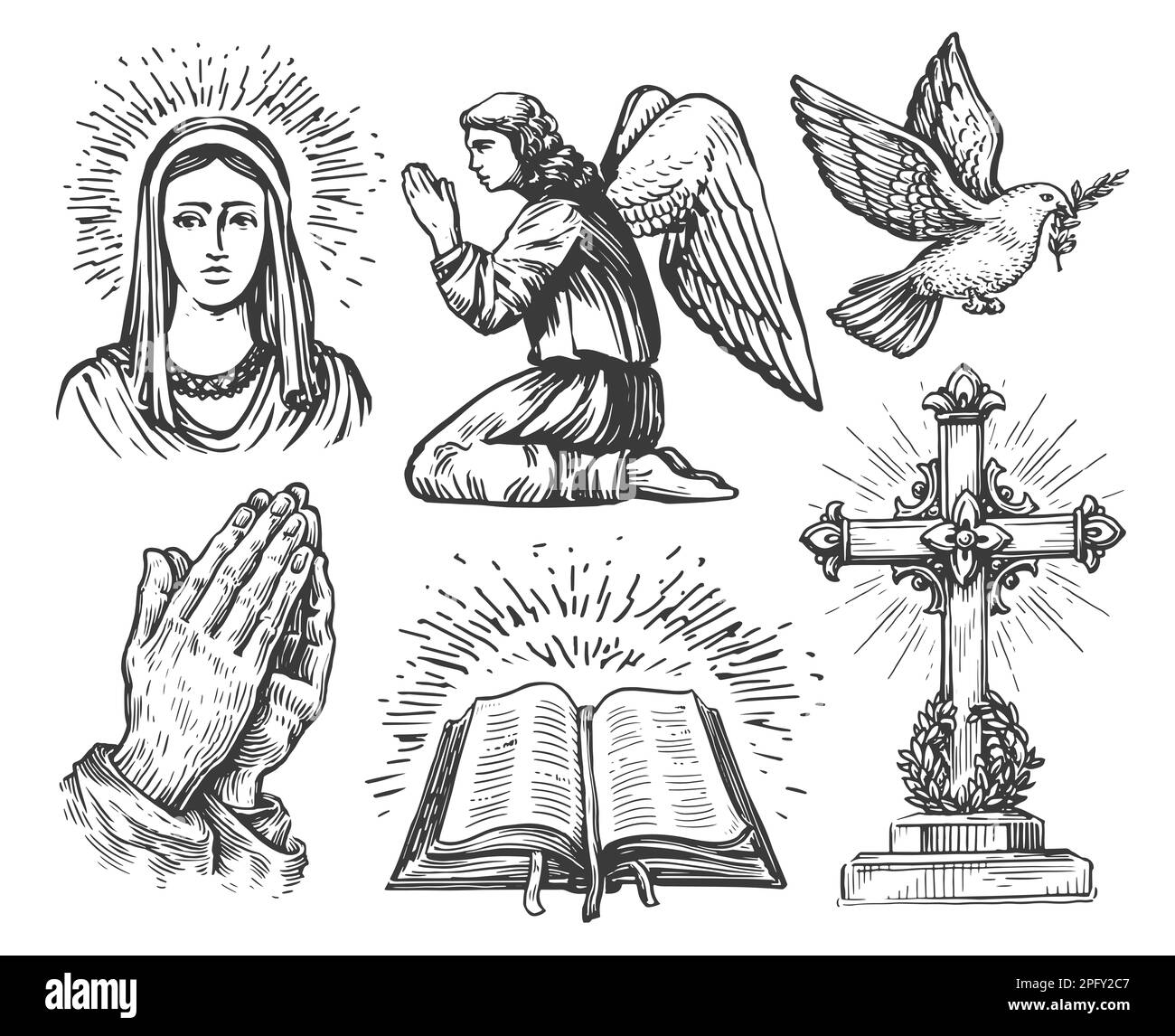 Foi en Dieu, ensemble. Ange de prière, mains dans la prière, Croix chrétienne, livre de bible, Dove de vol, Sainte Maria Banque D'Images