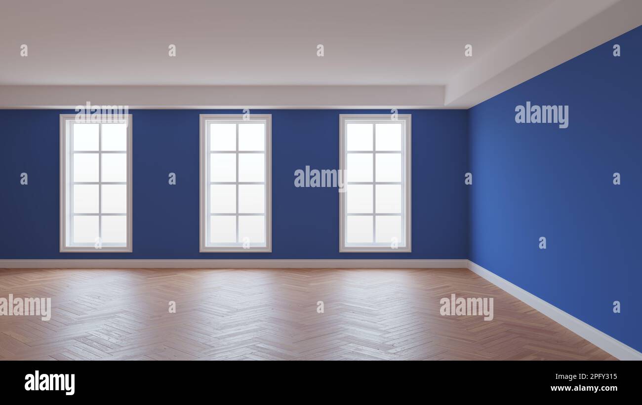 Chambre avec murs bleu foncé, plafond blanc et Conrnice, trois grandes fenêtres, parquet à chevrons et parquet blanc. Magnifique concept de l'intérieur, illustration 3D. 8K Ultra HD, 7680 x 4320 Banque D'Images
