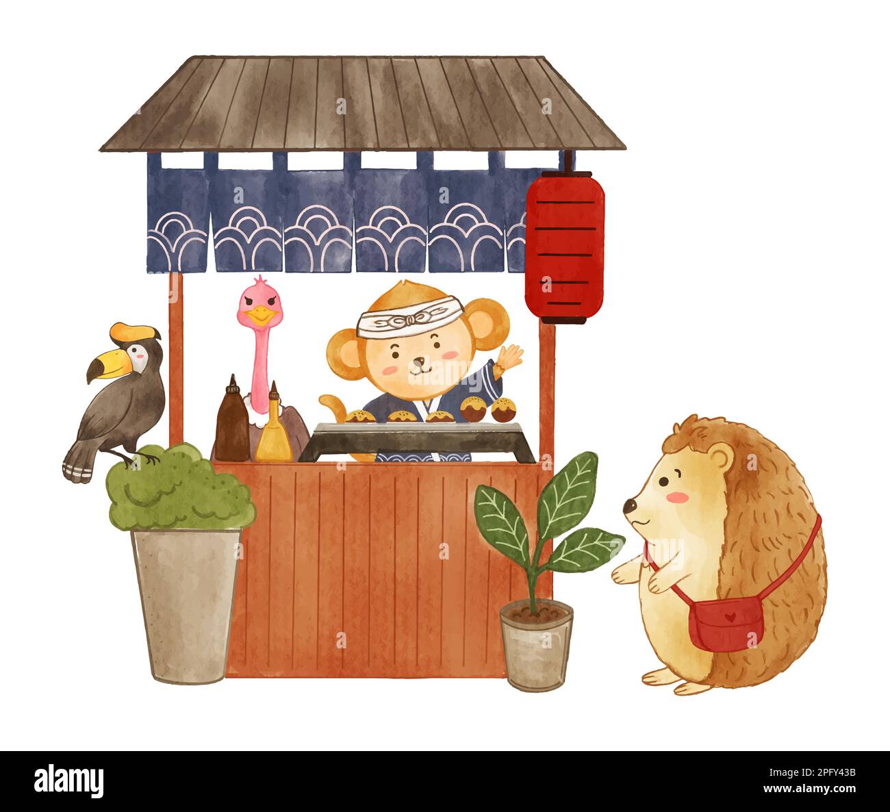 Boutique japonaise takoyaki avec animaux sauvages . Peinture aquarelle réaliste avec papier texturé . Dessin de personnage de dessin animé . Vecteur . Illustration de Vecteur