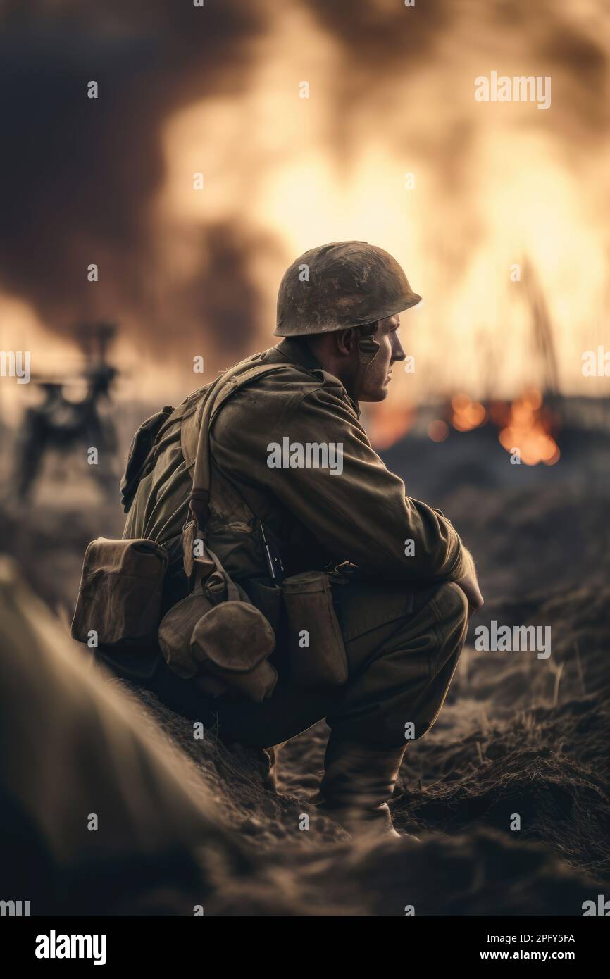 Avec un coeur lourd, un soldat réfléchit sur le prix de la victoire au milieu des ruines en feu. Ai génératif. Banque D'Images