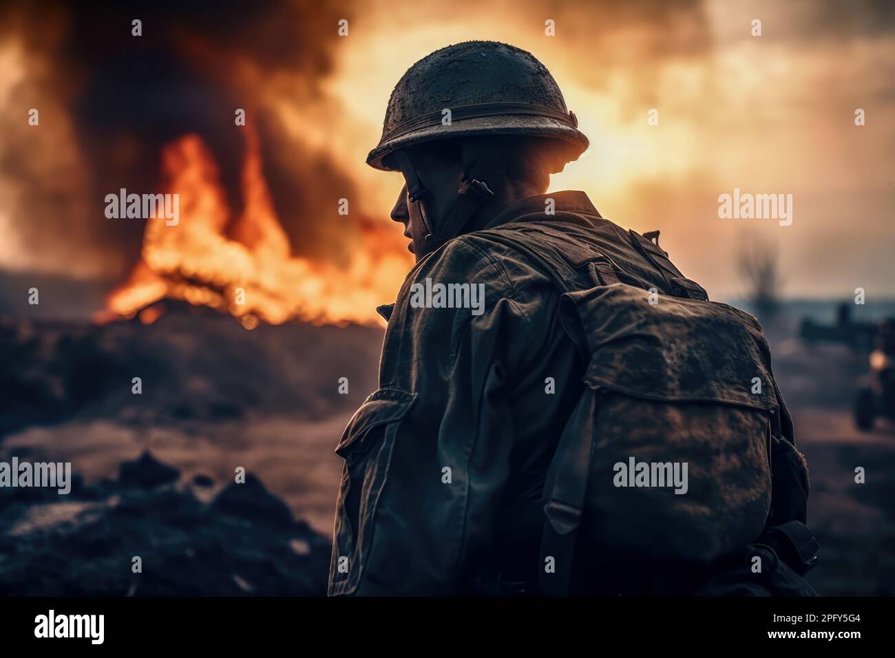 Le pouvoir destructeur de la guerre est évident lorsqu'un soldat solitaire examine les restes du champ de bataille. Ai génératif. Banque D'Images