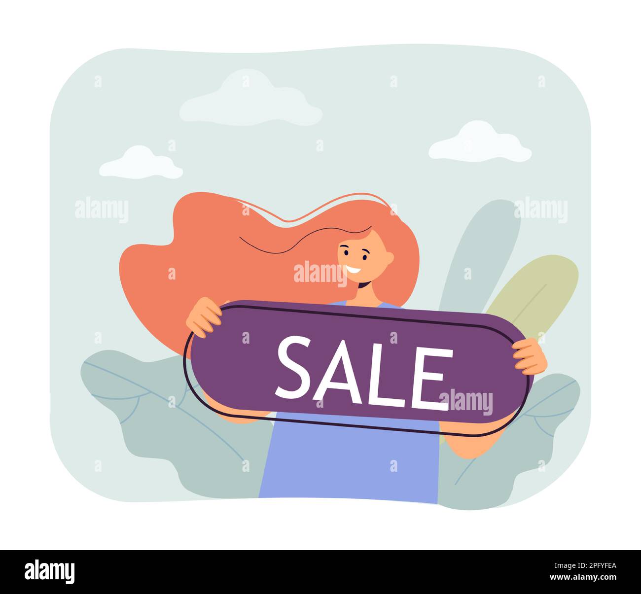 Jolie fille avec signe de vente illustration vectorielle plate Illustration de Vecteur