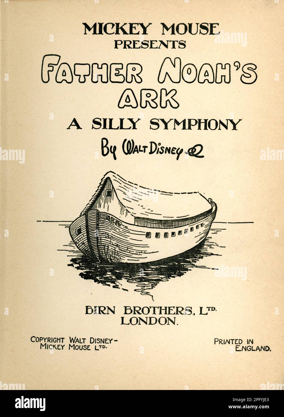 Inside Title page from British Children's Book from circa 1934/5 for WALT DISNEY SILLY SYMPHONY caricatural Short PAVER NOAH'S ARK 1933 Director WILFRED JACKSON Walt Disney Productions / United Artists publié par Birn Brothers, Ltd, London. Banque D'Images