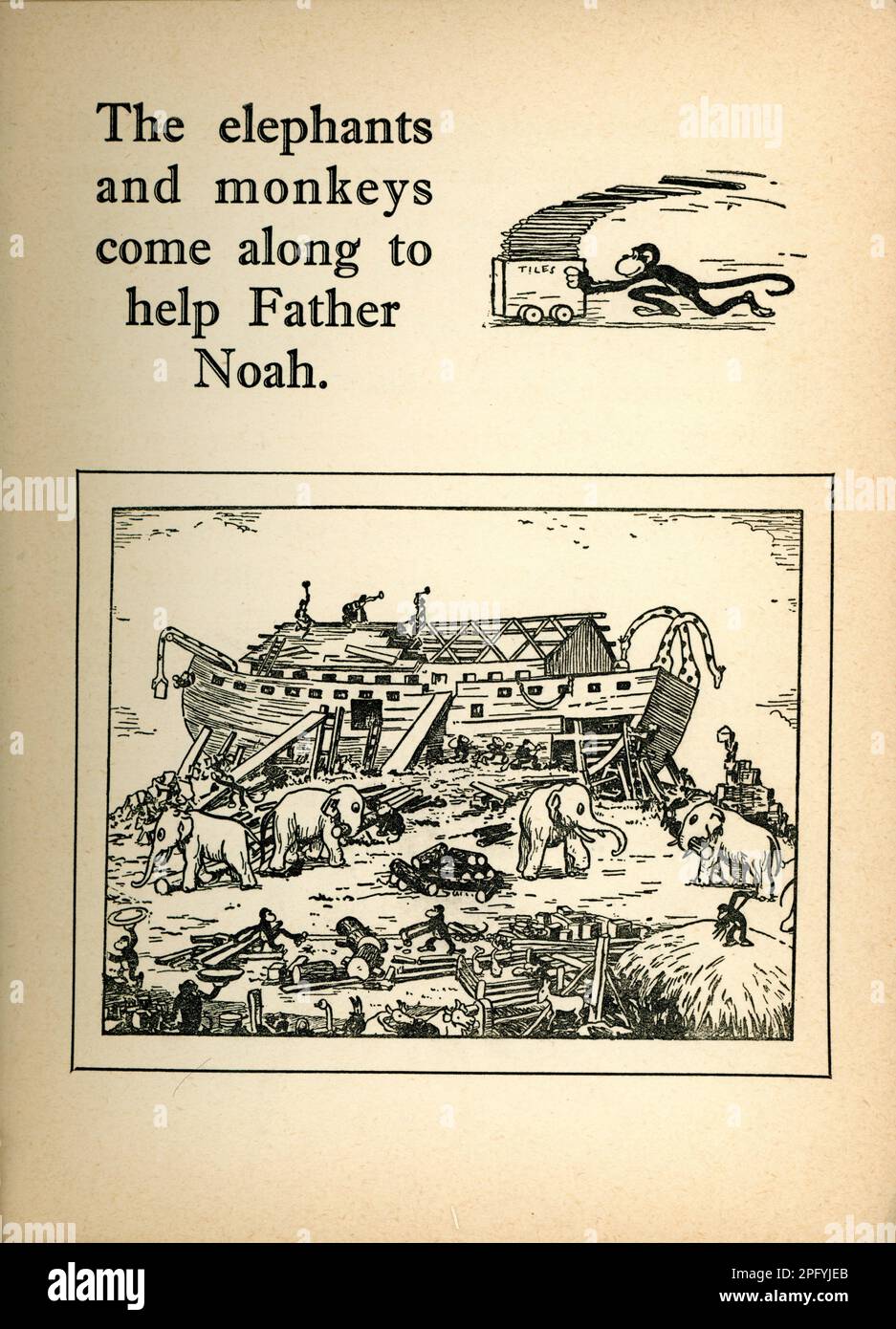 Page de British Children's Book from circa 1934/5 for WALT DISNEY SILLY SYMPHONY dessin animé petit PÈRE NOAH'S ARK 1933 réalisateur WILFRED JACKSON Walt Disney Productions / United Artists publié par Birn Brothers, Ltd, Londres. Banque D'Images