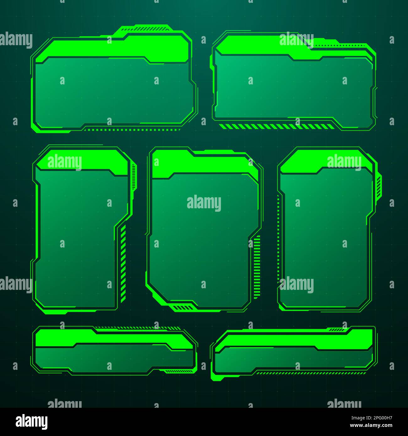 Affichage tête haute futuriste vert, éléments d'interface utilisateur. Zones de texte et légendes de l'interface utilisateur SCI-fi. Cadres de message d'avertissement, modèle de zones d'information. Jeu moderne Illustration de Vecteur