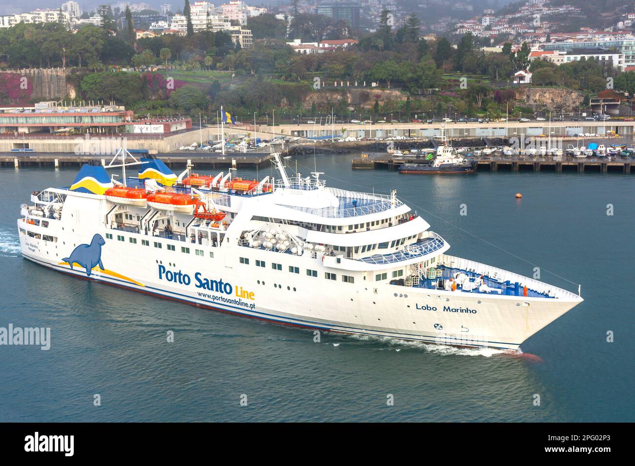 Porto Santo Line ferry 'Lobo Marinho' entrant dans le port, Funchal, Madère, Portugal Banque D'Images