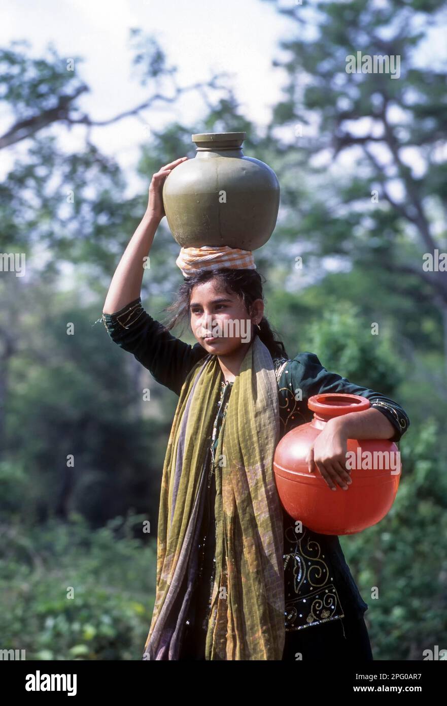 Fille indienne transportant de l'eau dans la carafe, Kabini, Karnataka, Inde Banque D'Images