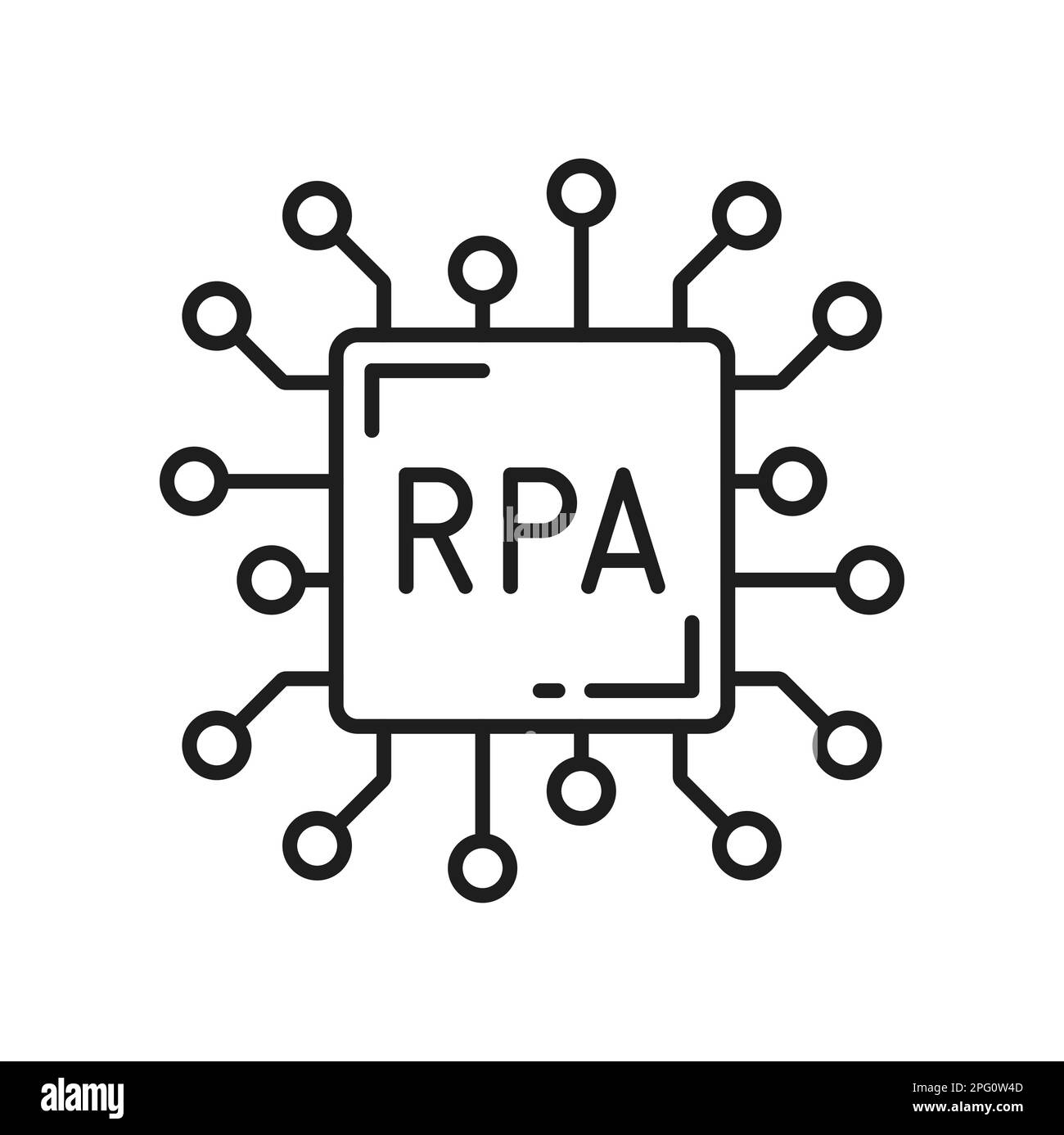 Icône de contour isolé de la connexion RPA, des solutions logicielles et commerciales et de l'exploitation. Innovation de réseau vectoriel, automatisation des processus robotisés Illustration de Vecteur