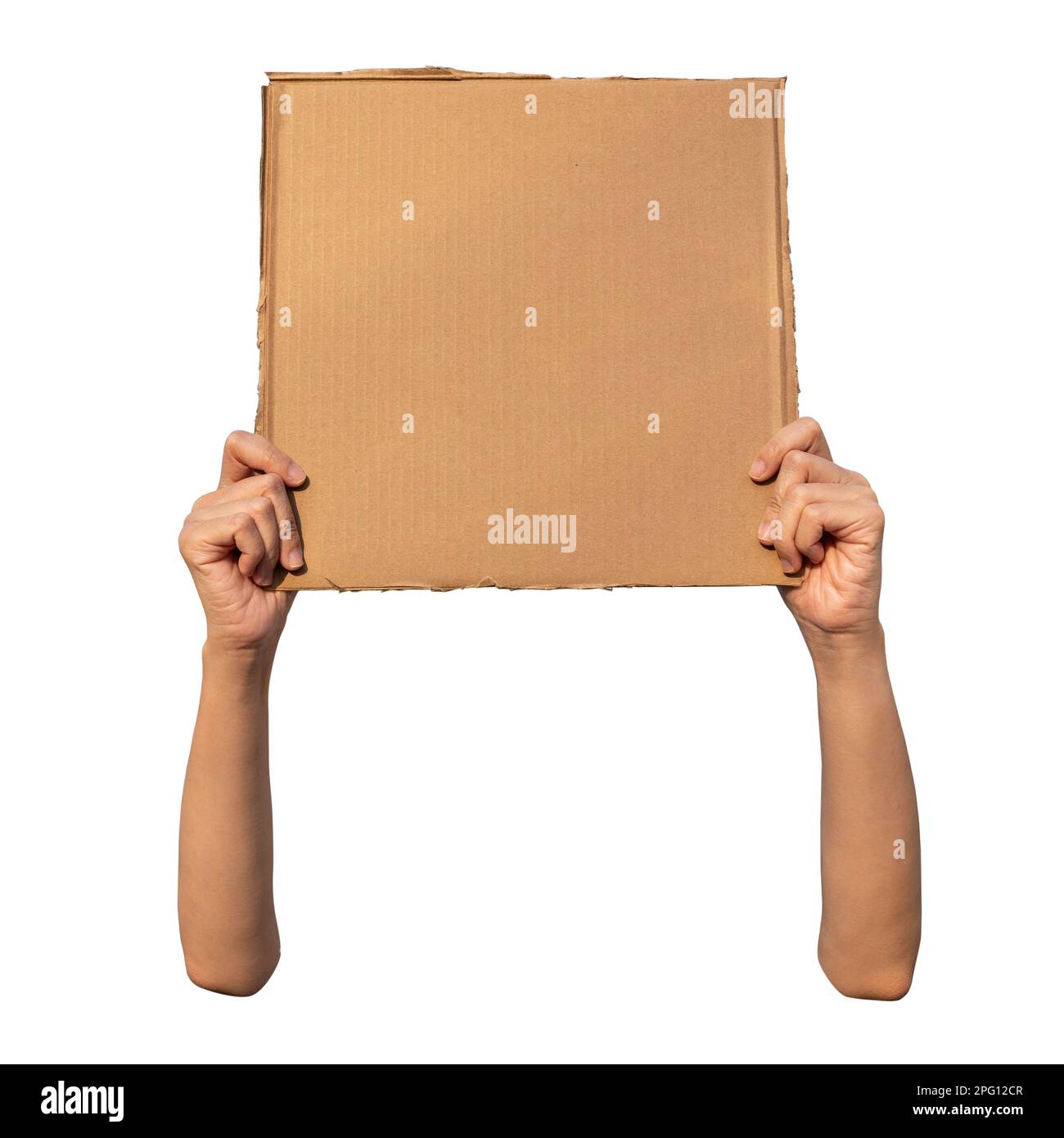 Mains tenant le carton isolé sur fond blanc avec un chemin de coupure. Concept de démonstration. Banque D'Images