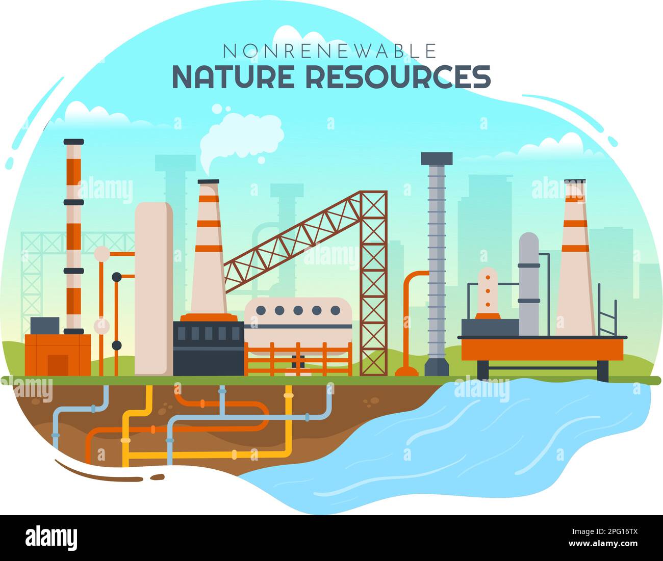 Illustration des sources d'énergie non renouvelables avec les carburants nucléaires, pétroliers, pétroliers, de gaz naturel ou de charbon en modèles tirés à la main Illustration de Vecteur