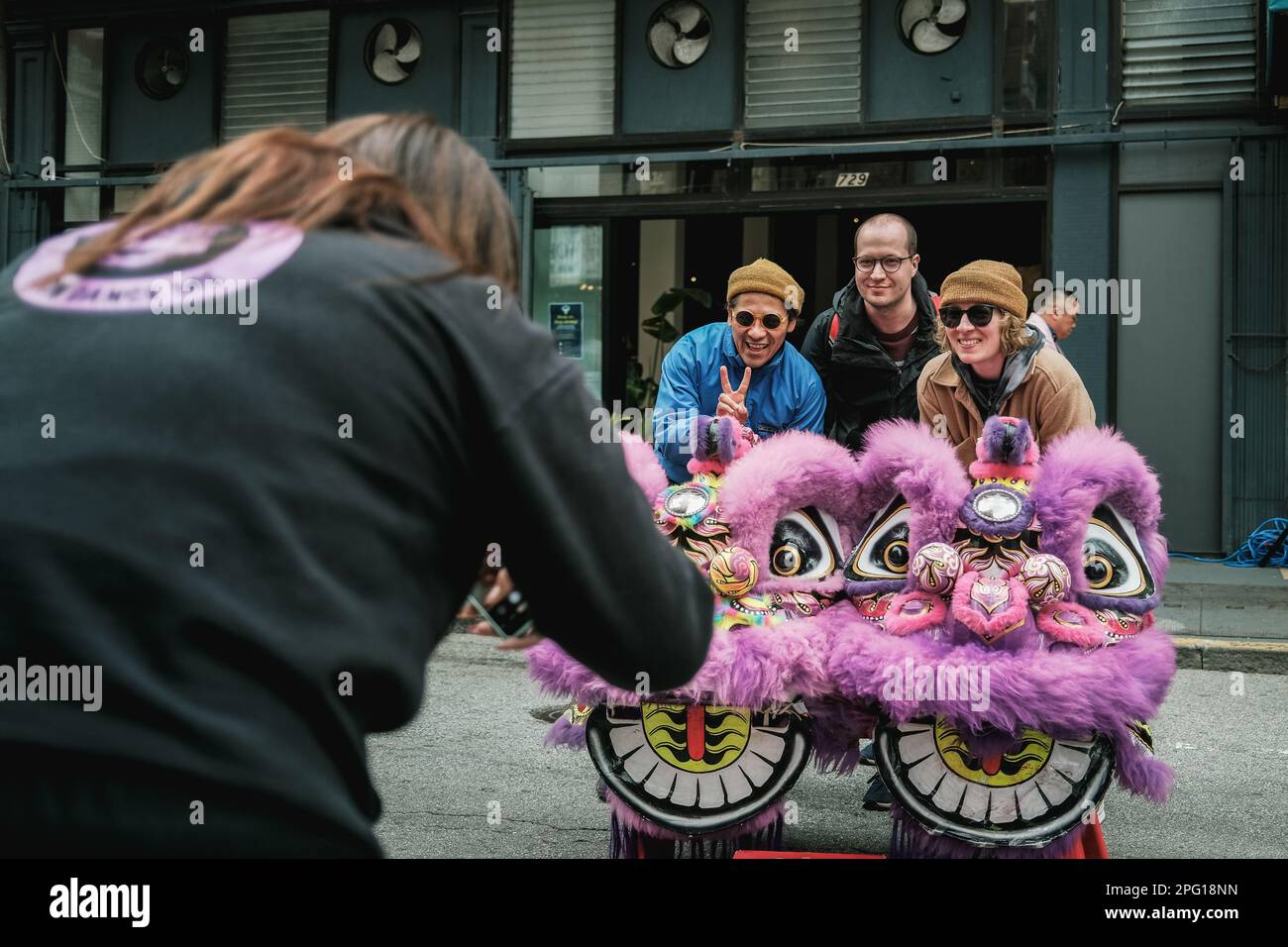 Les gens ont vu prendre des photos après le spectacle, avec le lion et l'interprète. Les rues du quartier chinois de San Francisco ont été animées par l'excitation du spectacle annuel de danse du lion qui a eu lieu samedi. Le spectacle, qui est une célébration traditionnelle chinoise du nouvel an, a présenté des dizaines d'artistes vêtus de costumes de lion colorés. L'Association chinoise de bienfaisance consolidée a organisé l'événement. Ce groupe communautaire local s'efforce de préserver et de promouvoir la culture chinoise à San Francisco. Le spectacle de danse du lion est un élément essentiel des célébrations du nouvel an chinois à San Francisco depuis plus de 100 ans, Banque D'Images