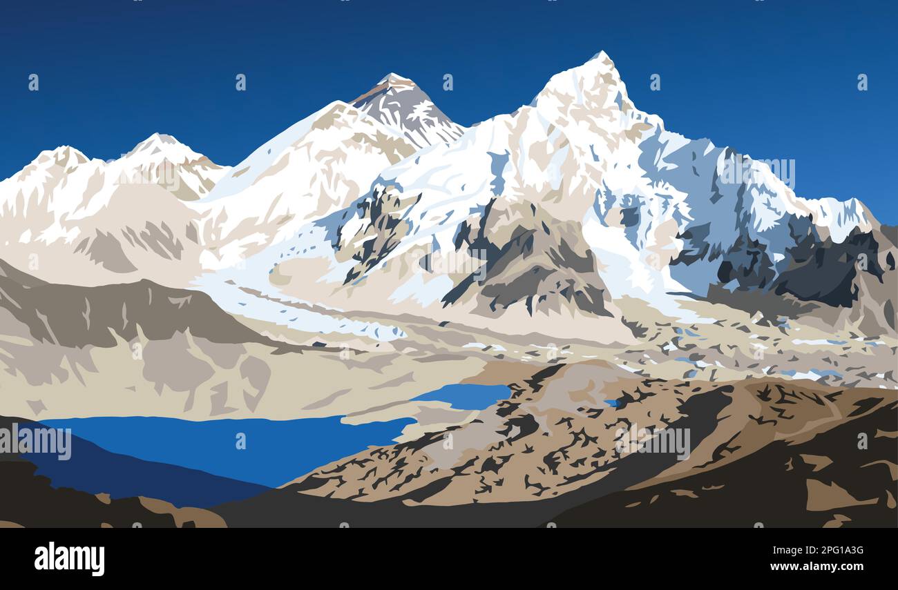 Mont Everest et Nuptse du côté népalais comme vu du pic Kala Patthar, illustration vectorielle, Mont Everest 8 848 m, vallée de Khumbu, Sagarmatha national p Illustration de Vecteur