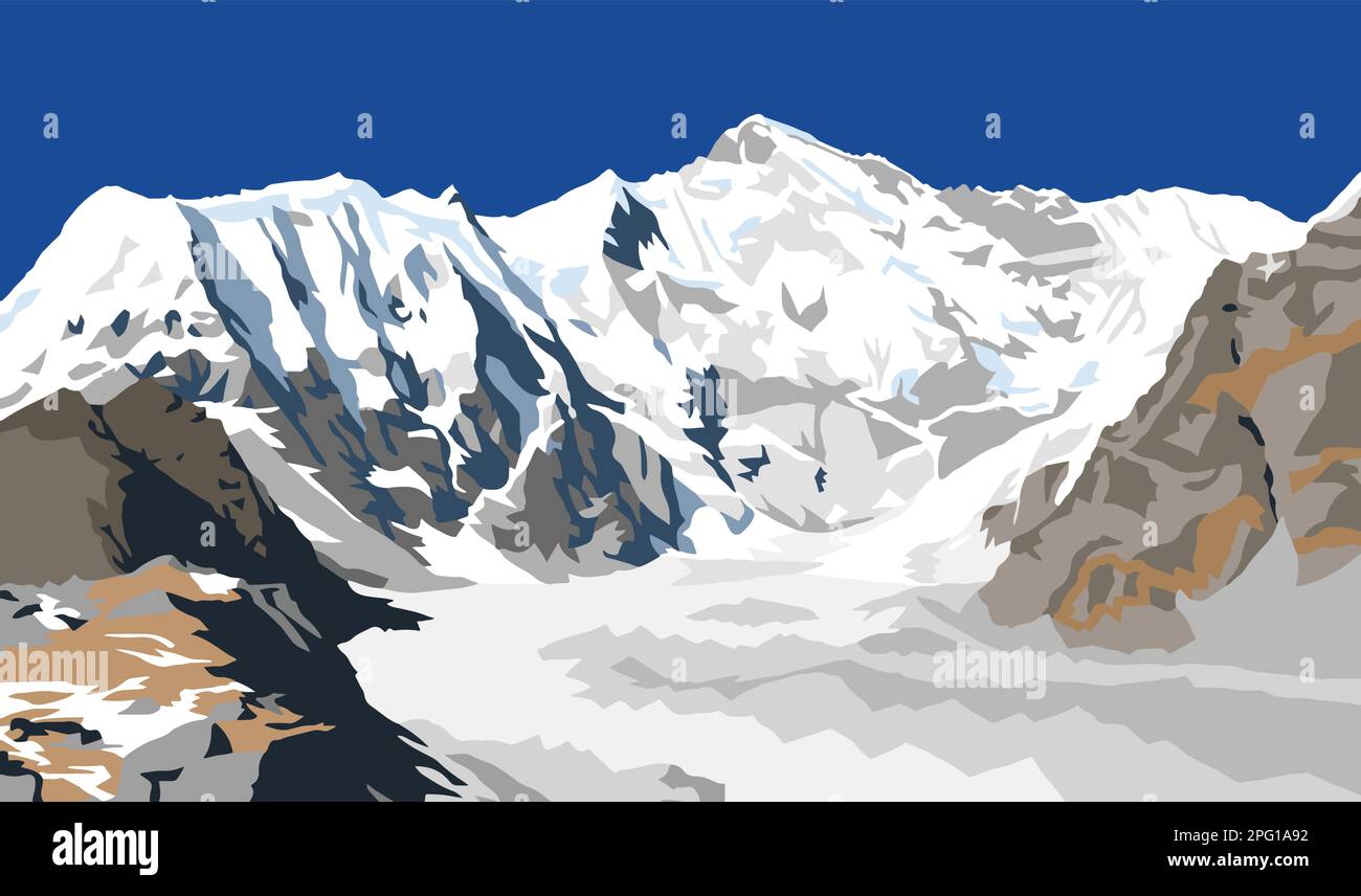 Mont Cho Oyu, illustration vectorielle, vallée de Gokyo, vallée de Khumbu, région de l'Everest, Népal himalaya montagnes Illustration de Vecteur
