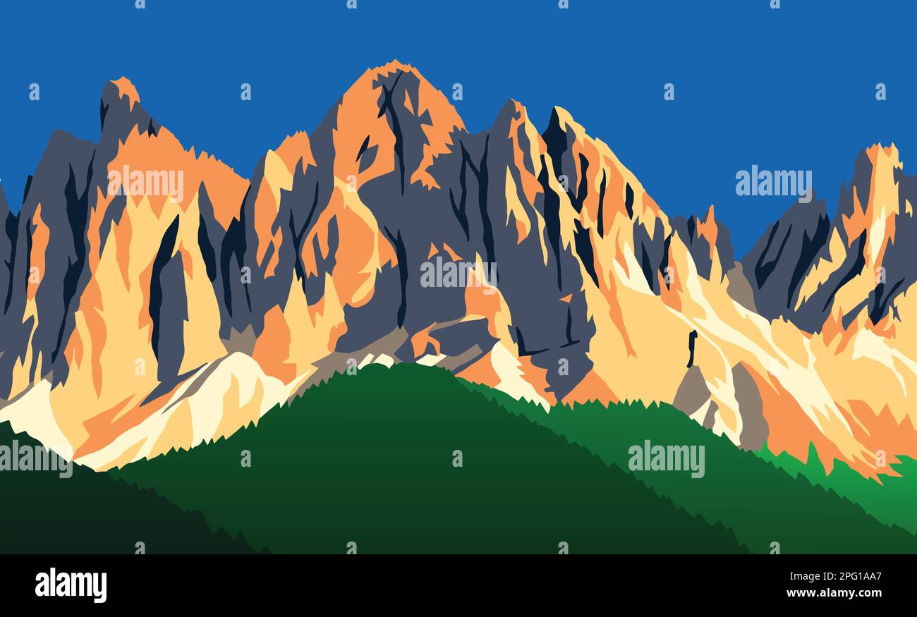 Vue panoramique en soirée de Geislergruppe ou Gruppo dele Odle, illustration vectorielle, Alpes Dolomites mountais, Italie Illustration de Vecteur
