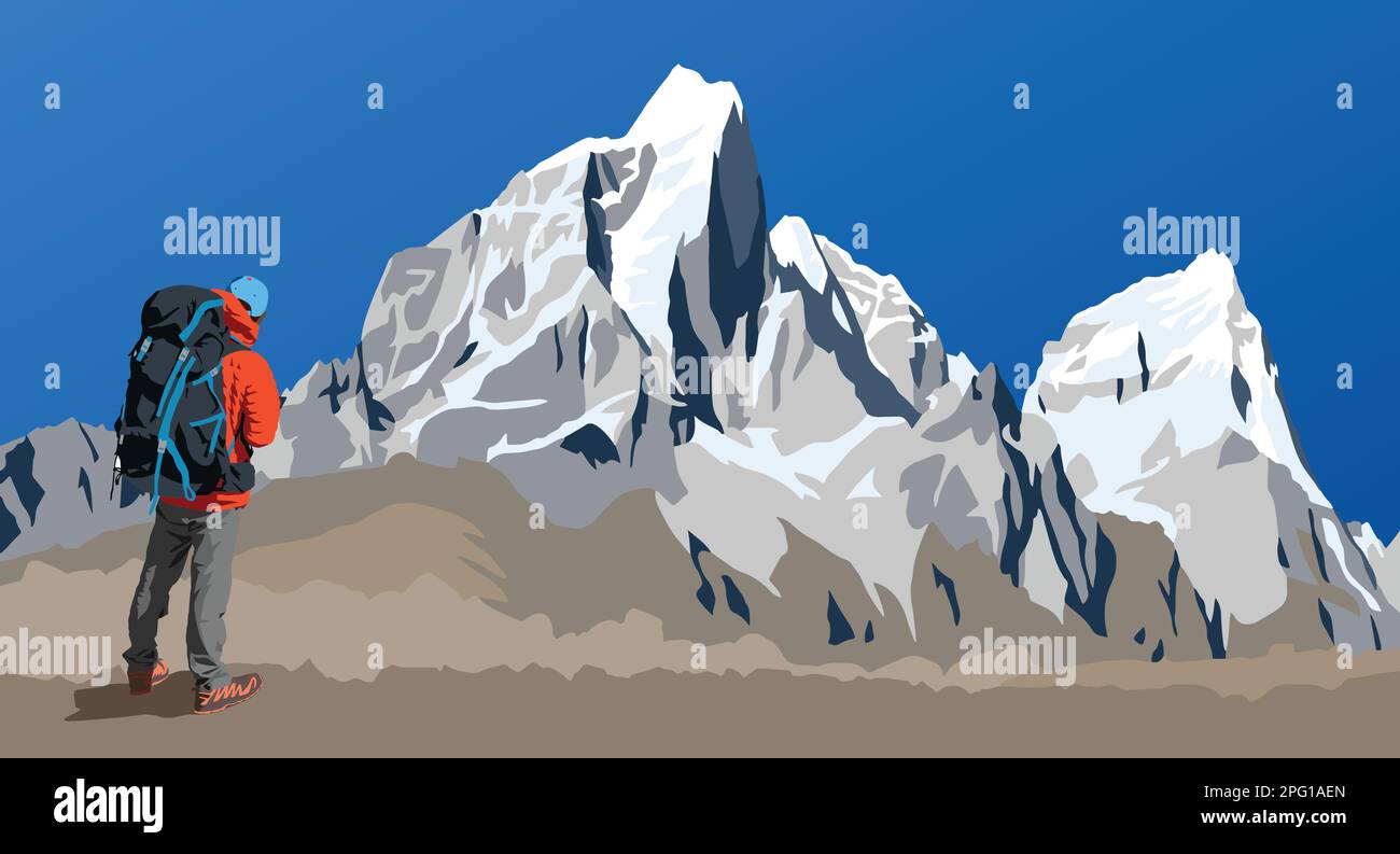 Vecteur des monts Cholatse et Tabuche pic comme vu de la route au mont Everest camp de base et randonneur avec grand sac à dos, Népal Himalayas montagnes vec Illustration de Vecteur