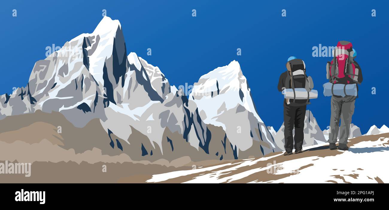 Vecteur des monts Cholatse et Tabuche pic comme vu de la route au camp de base du mont Everest et deux randonneurs avec de grands sacs à dos, Népal Himalaya montagne Illustration de Vecteur